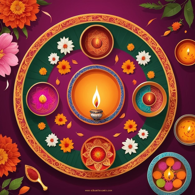 a colorful picture of a plate with a candle and flowers on it