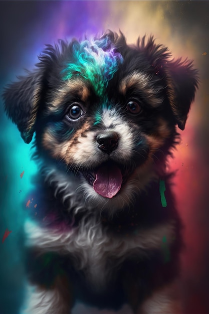 A colorful picture of a puppy with the colors of the rainbow on it.