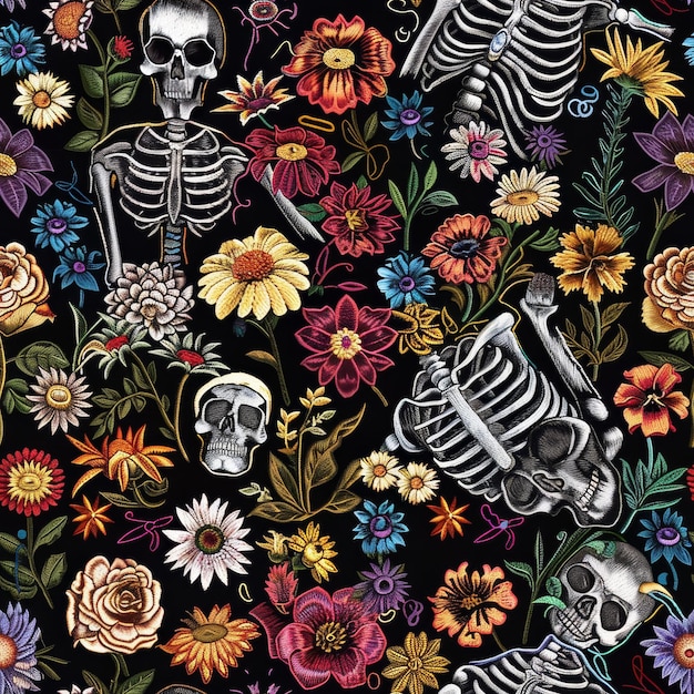 a colorful picture of a skeleton with flowers and a microphone