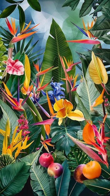 a colorful picture of a tropical plant with tropical flowers