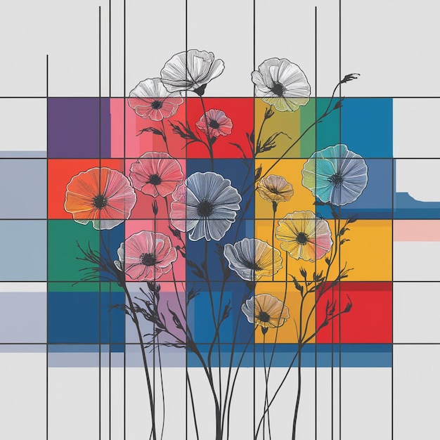 a colorful piece of art with flowers and a cross on it