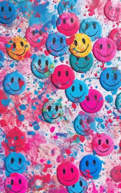 A colorful piece of art with smiley faces on it.