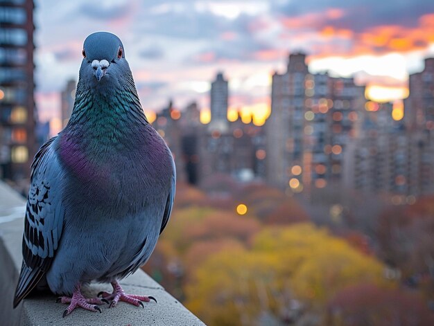 Photo colorful pigeon perched on a balcony with city skyline at sunset