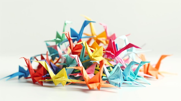 A colorful pile of folded origami cranes