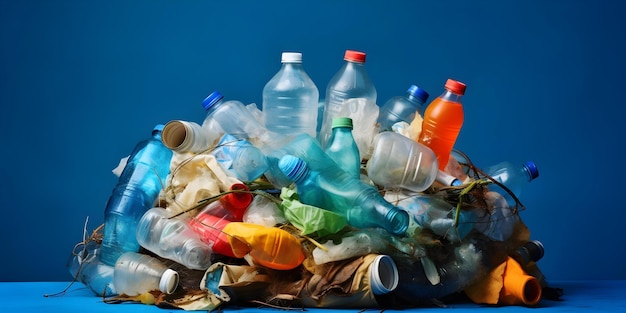 Colorful pile of garbage with empty blue plastic bottles against blue background Concept Garbage Art recycled materials environmental awareness upcycled crafts sustainable design