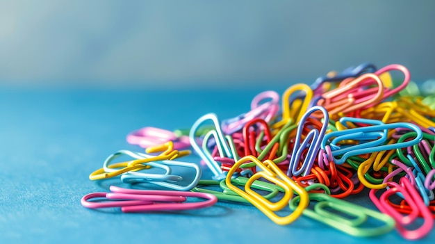 A colorful pile of paperclips on a blue background