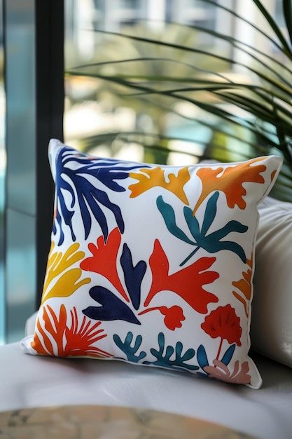 Photo a colorful pillow with a colorful design on it sits on a white couch