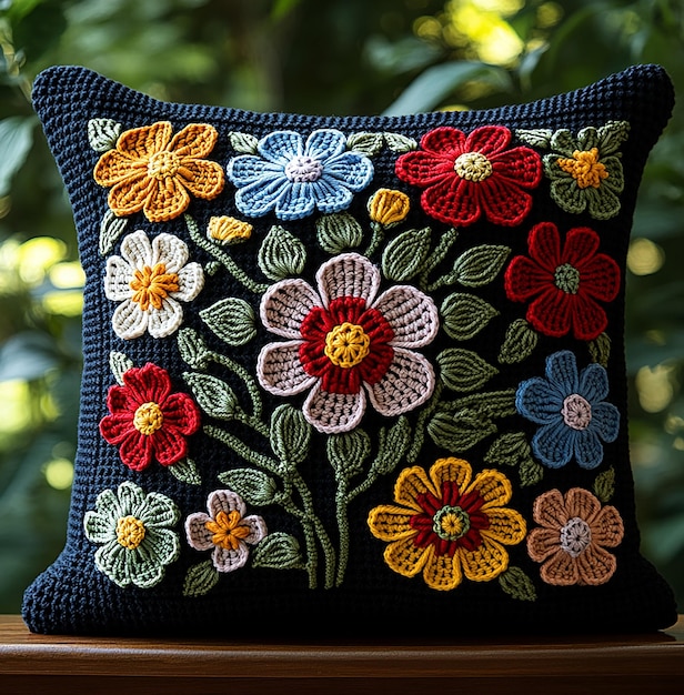 Photo a colorful pillow with flowers on it and a blue background