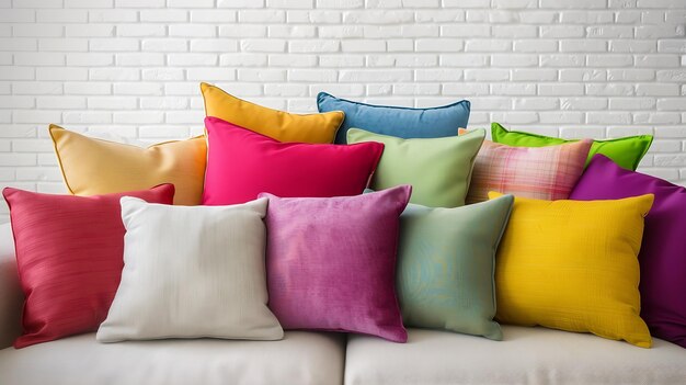 Colorful pillows on a sofa with white brick wall in background Generative AI