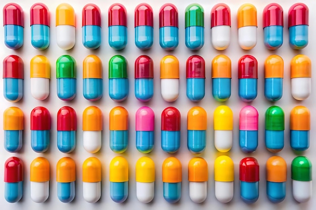 Photo colorful pills arranged in neat rows on white background