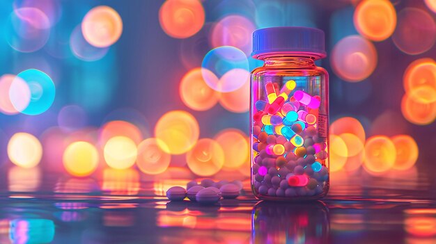 Photo colorful pills in bottle with bokeh lights