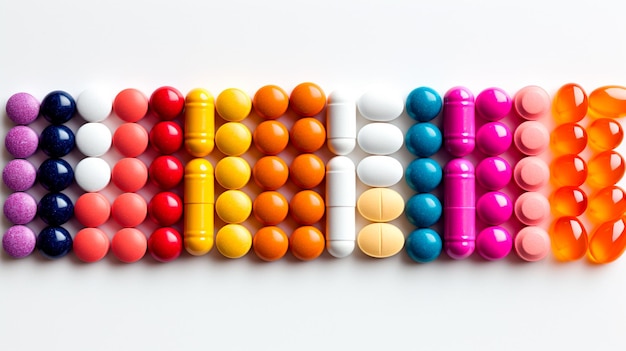 colorful pills and capsules on white background