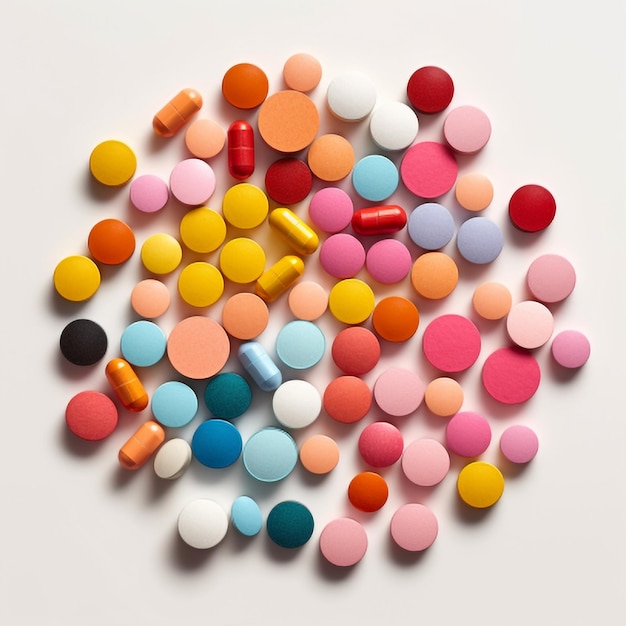 Colorful pills in the shape of a heart on a white background