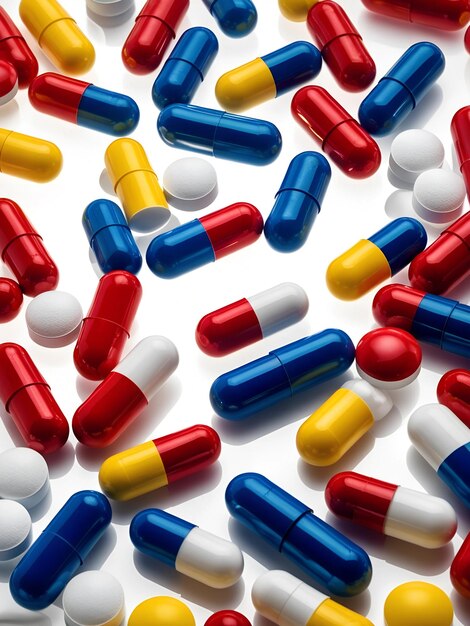 Colorful Pills Spill from Capsule 3D Medical Illustration on White Dynamic and Vivid