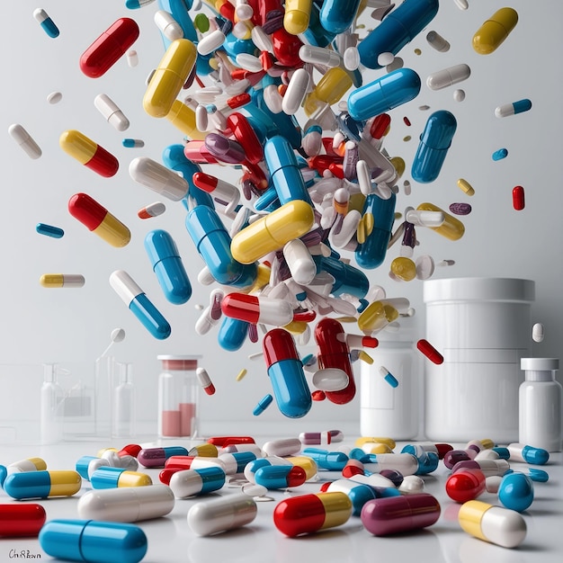 Colorful Pills Spill from Capsule 3D Medical Illustration on White Dynamic and Vivid