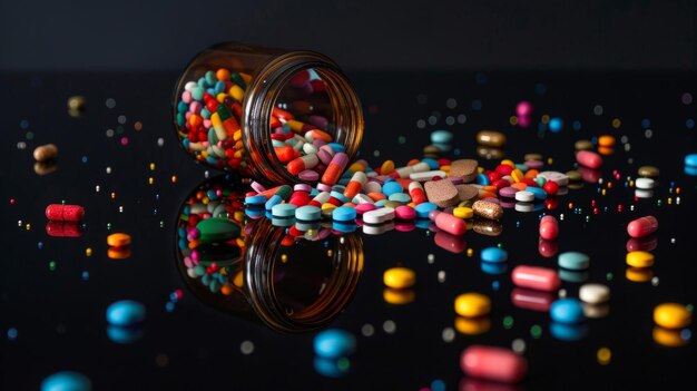 Photo colorful pills spilling from a glass bottle onto a mirror representing healthcare medication and pharmaceutical industry concepts