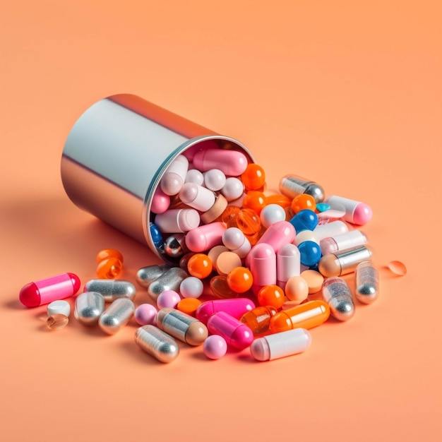 Colorful pills spilling out of a can on orange background Medicine concept