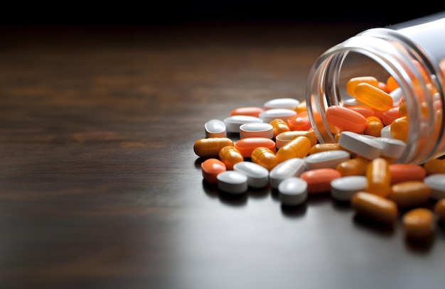 Colorful pills spilling out of a pill bottle on a empty table