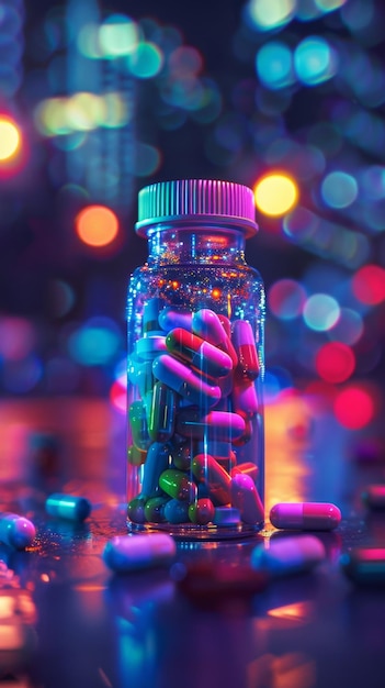 Colorful pills in transparent bottle with bokeh background