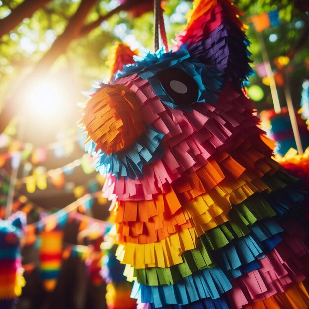 A colorful pinata hanging from a tree branch