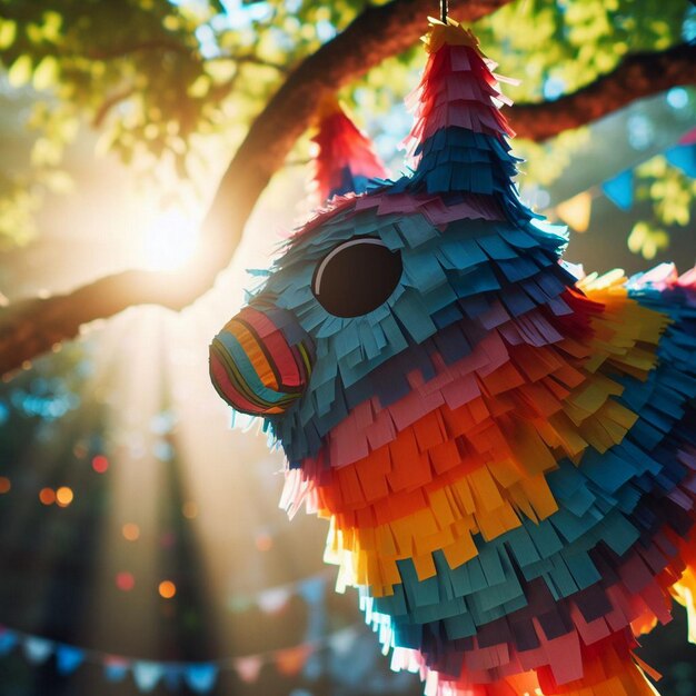 A colorful pinata hanging from a tree branch