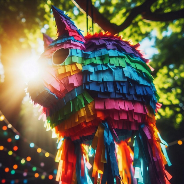 A colorful pinata hanging from a tree branch