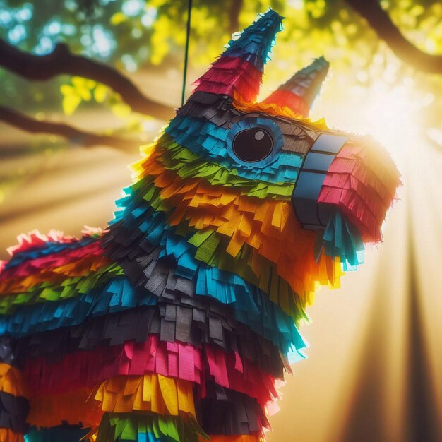 A colorful pinata hanging from a tree branch