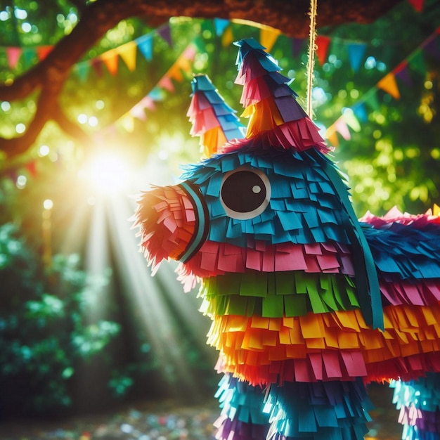 A colorful pinata hanging from a tree branch