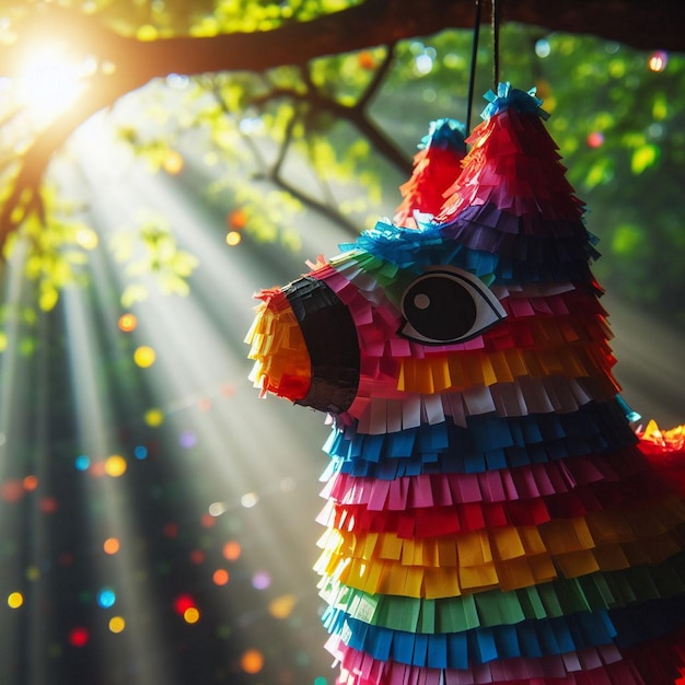 A colorful pinata hanging from a tree branch