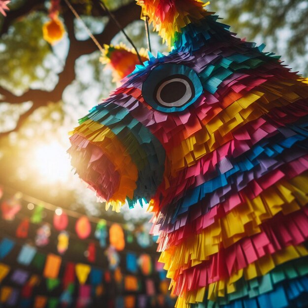 A colorful pinata hanging from a tree branch