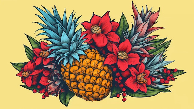 A colorful pineapple and a red flower are on a yellow background.