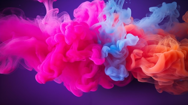 Colorful pink red rainbow smoke paint explosion color fume powder splash motion of liquid ink dye in water