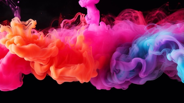 Colorful pink red rainbow smoke paint explosion color fume powder splash motion of liquid ink dye in water