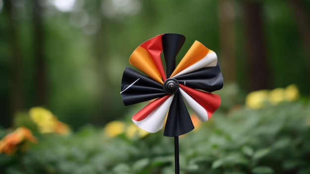 A colorful pinwheel in a garden with a green background.