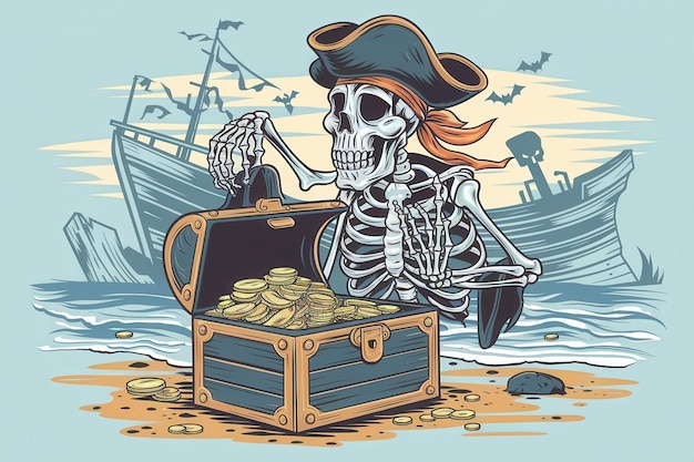 Photo colorful pirate skeleton treasure chest beach vector illustration adventure treasure hunting