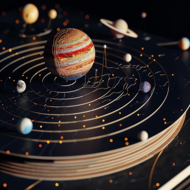 Photo a colorful planet sits in the center of a black circle with a starry background