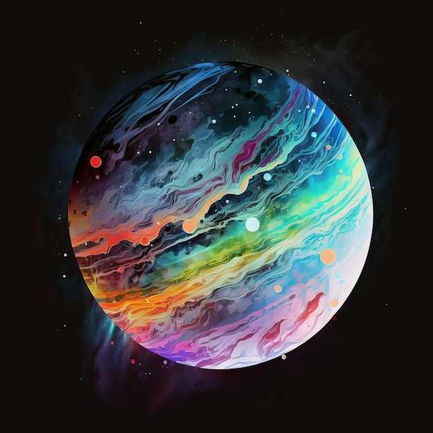 A colorful planet with a black background and a rainbow ball in the center.