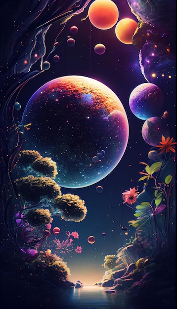 A colorful planet with flowers and plants on it