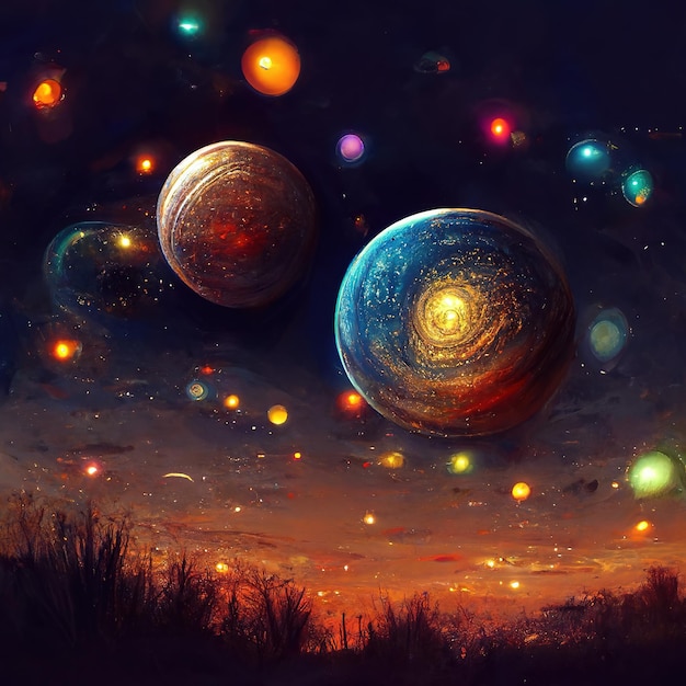 colorful planets with stars background and galaxy