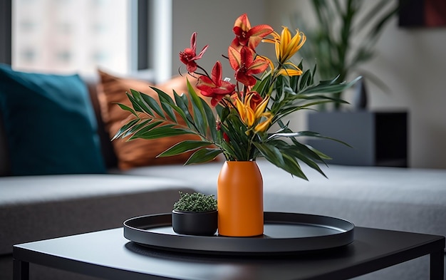 Colorful Plant Arrangement in a Modern Vase on a Sleek Table