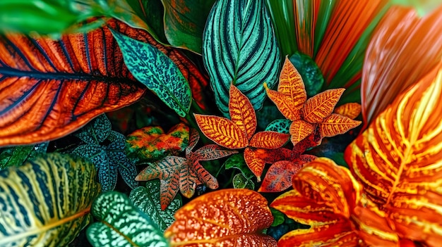 a colorful plant with orange and green leaves and red leaves