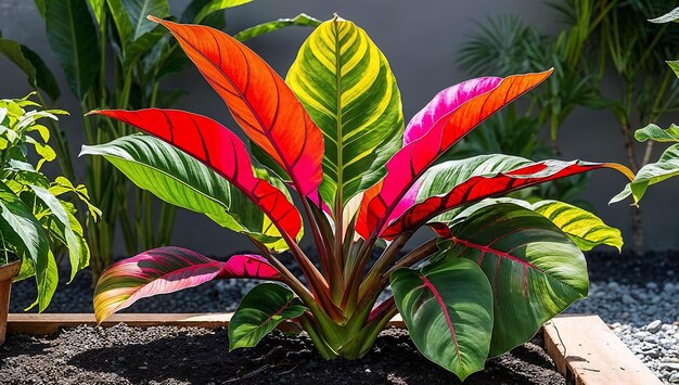 a colorful plant with pink and green leaves and a red and pink flower