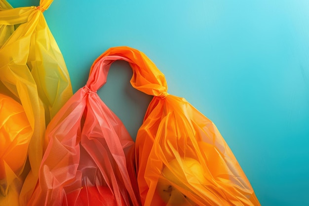 Colorful plastic bags hanging against a blue background