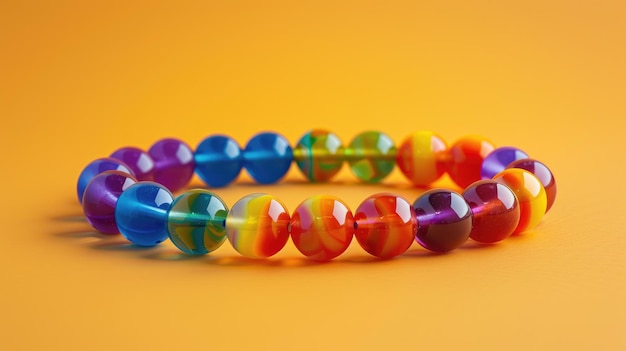 Colorful plastic bead bracelet on orange background