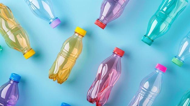 Photo colorful plastic bottles scattered on a vibrant blue background this image showcases various shapes and colors of bottles perfect for environmental themes or recycling projects ai