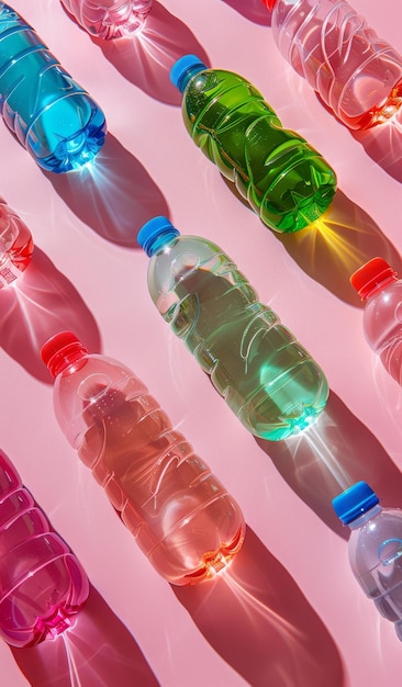 Colorful plastic bottles of various drinks arranged on a pink background