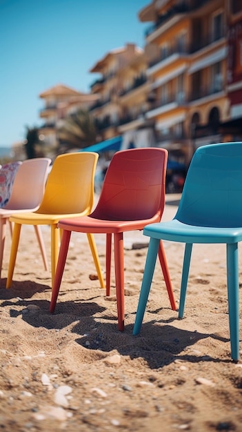 Photo colorful plastic chairs on the beach one of which is red yellow and blue