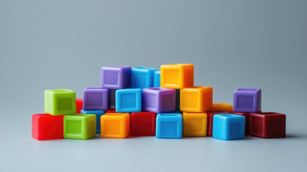 Photo colorful plastic cubes arranged in a stack against a grey background