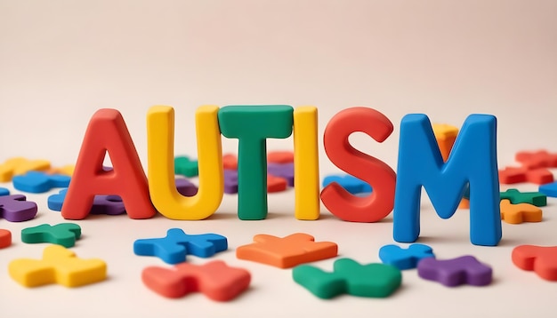 Photo colorful plastic letters spelling autism surrounded by other elements as puzzles letters and shapes