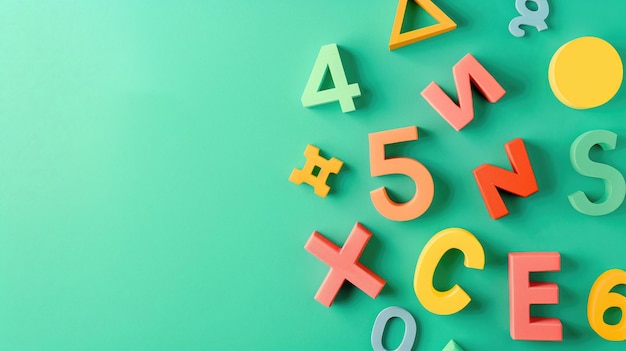 Colorful plastic numbers and letters scattered on green background